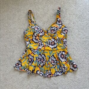 Sea Angel Yellow Floral Peplum Tankini Top Womens Medium V-Neck Swimwear